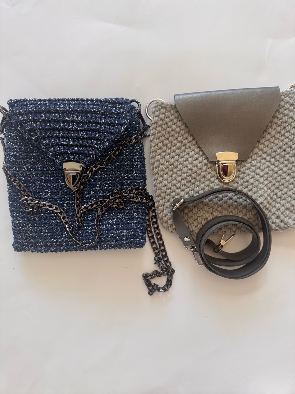 Knitted Crossbody Bag in Navy Blue and Light Gray - Unbranded
